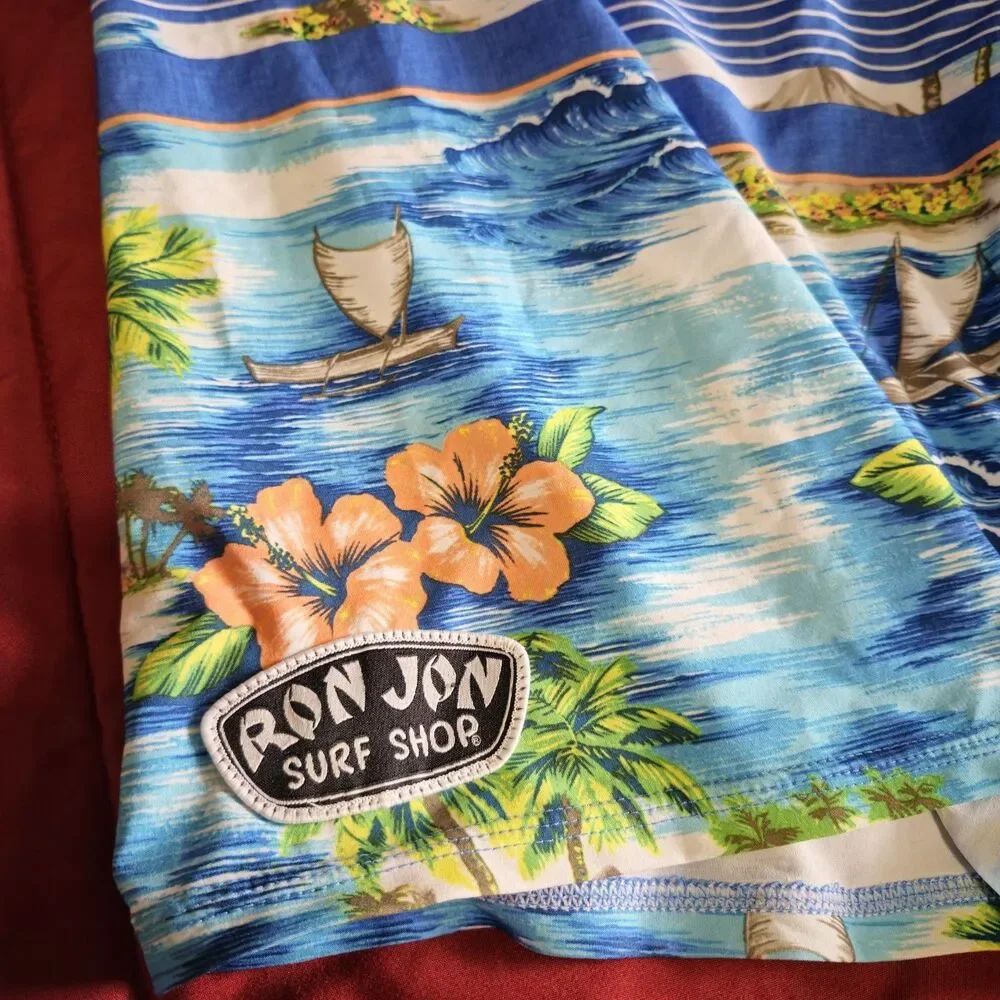 Ron Jon Surf Shorts Men 34 Blue Peach Beach Graphic Hawaiian Floral Zip Pocket - Picture 4 of 10